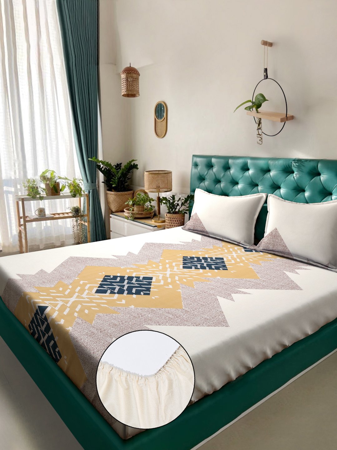Book Fold Multi Geometric 300 TC Cotton Blend Fitted Double Bedsheet with 2 Pillow Covers
