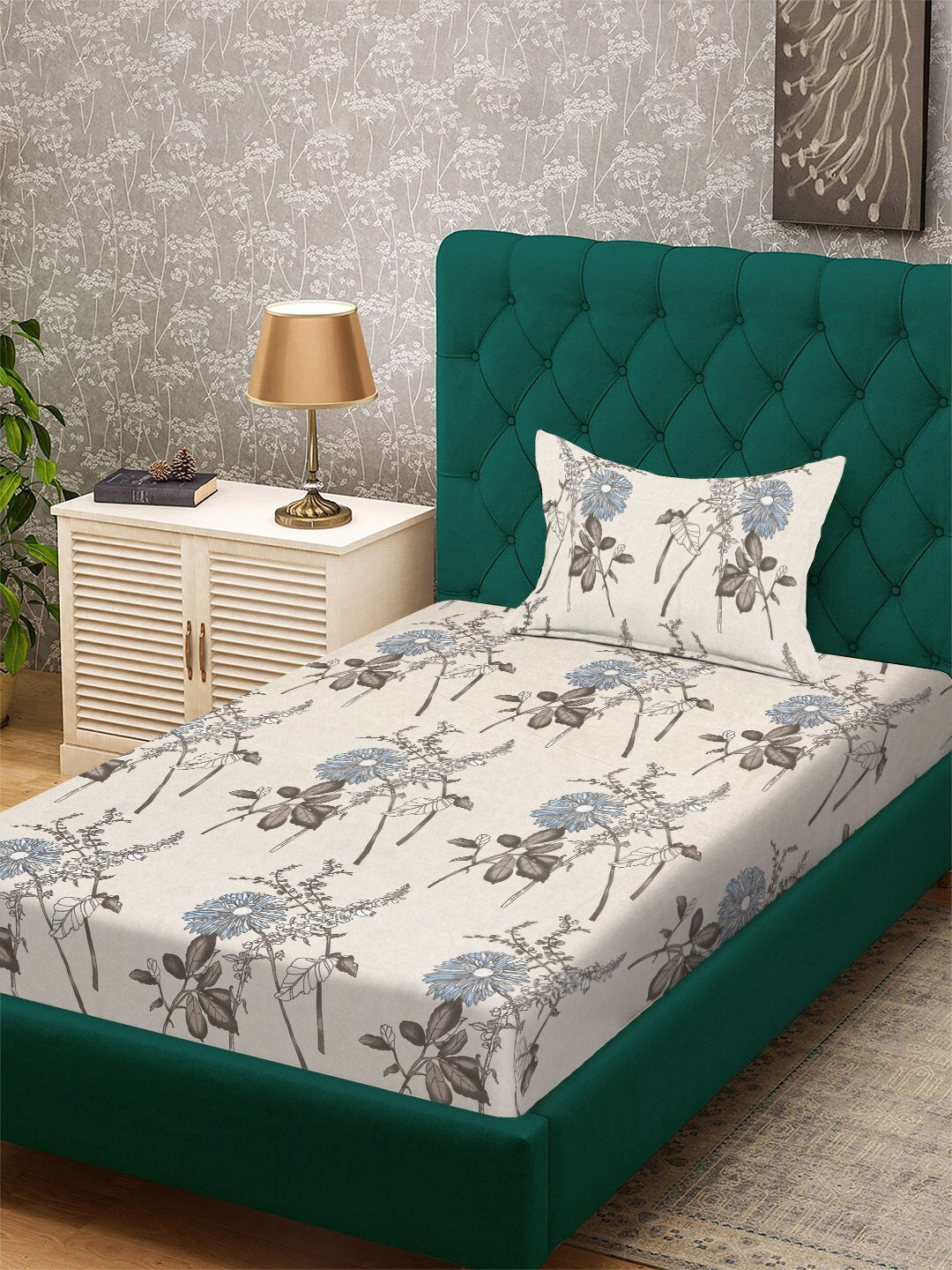 Cream Floral 300 TC Cotton Blend Single Bedsheet with Pillow Cover