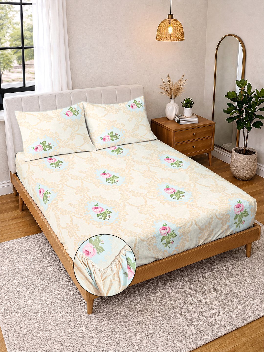 Cream Floral Cotton Blend Fitted Double Bedsheet with 2 Pillow Covers