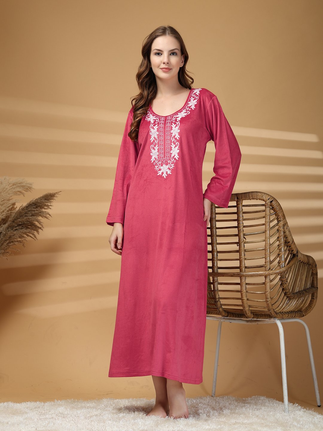 Klotthe Red Solid Soft touch Velvet Maxi Nightdress
