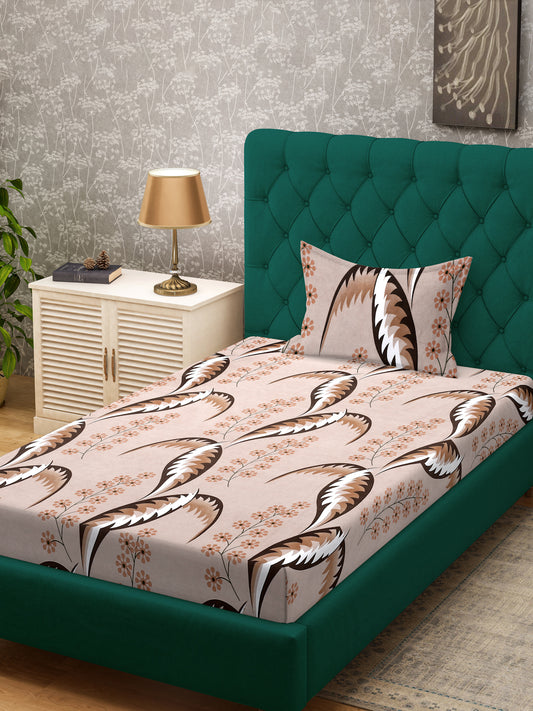 Klotthe Brown Floral 300 TC Cotton Blend Single Bedsheet with Pillow Cover