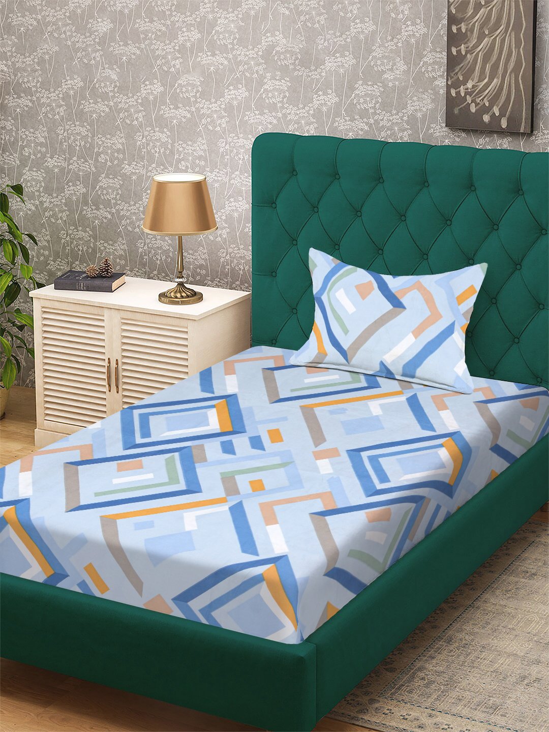 Blue Geometric 300 TC Cotton Blend Single Bedsheet with Pillow Cover
