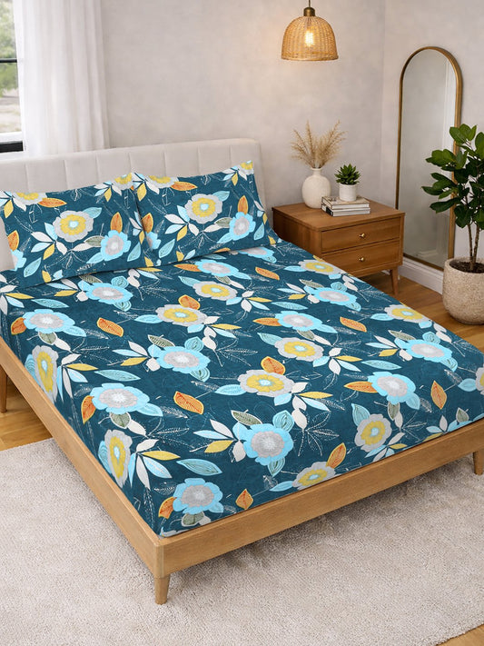 Blue Floral Cotton Blend Double Bedsheet with 2 Pillow Covers