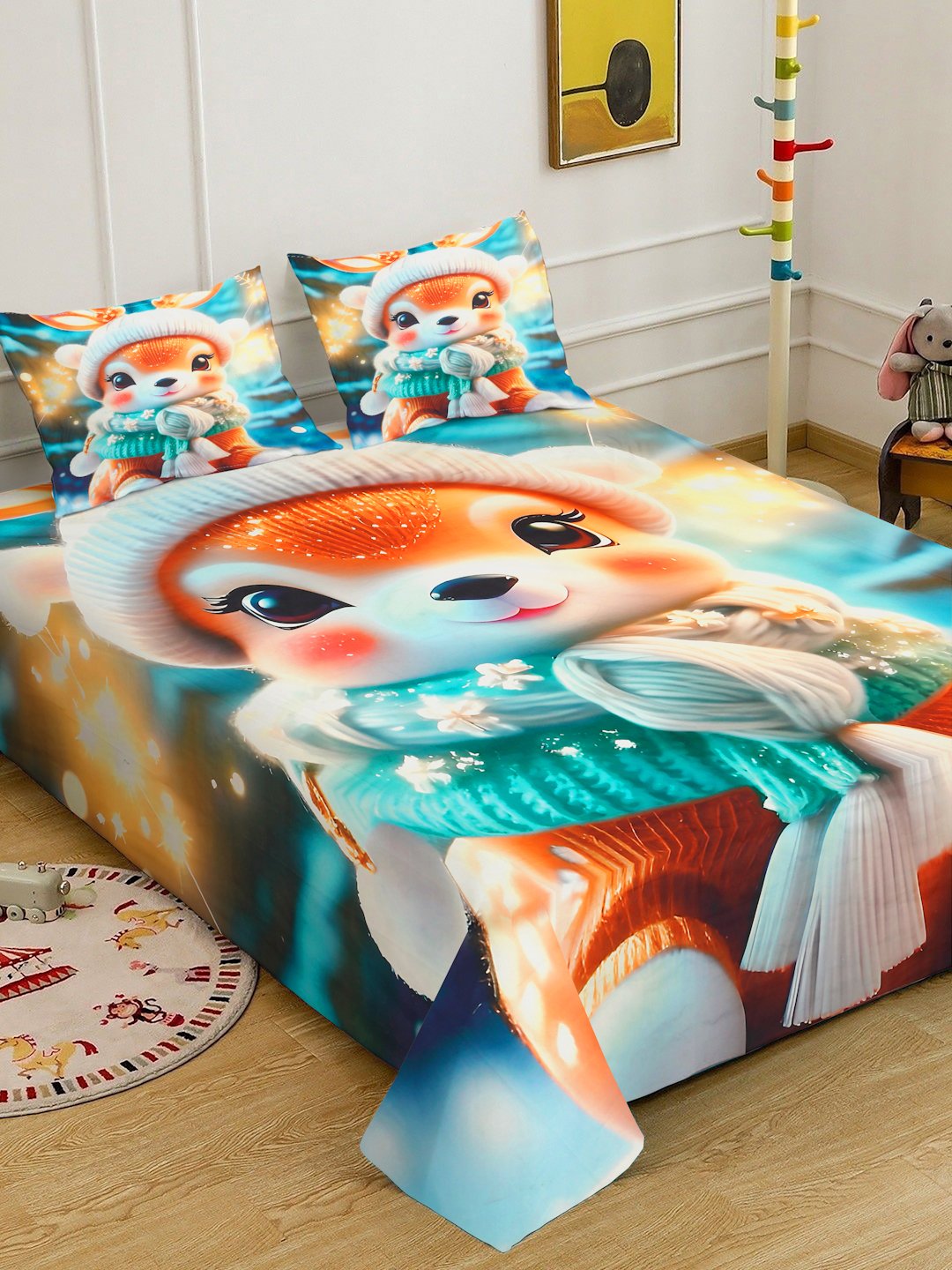 Multi 7D Cartoon Characters Printed Cotton Blend Double Bedsheet with 2 Pillow Covers