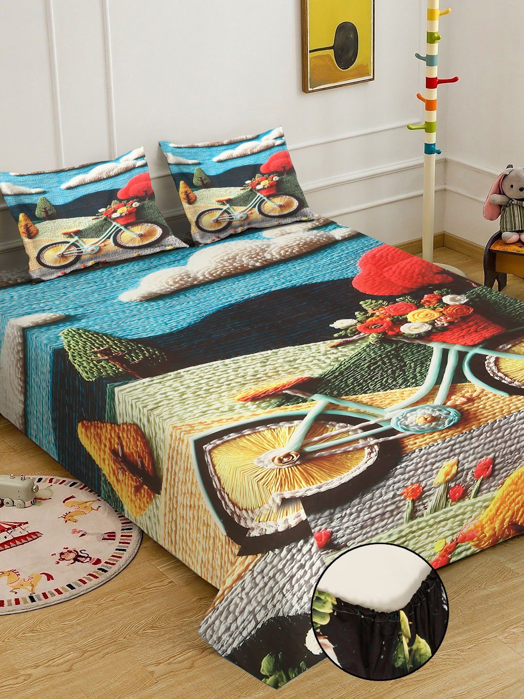 Multi Digital Abstract Printed Cotton Blend Fitted Double Bedsheet with 2 Pillow Covers