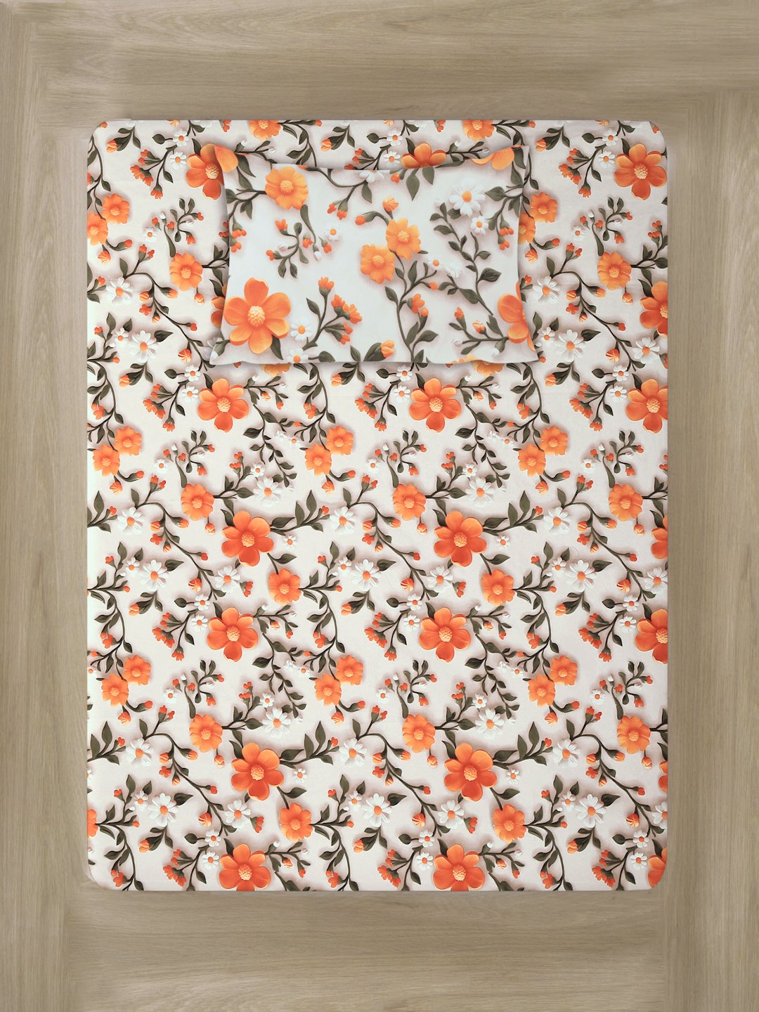 Cream Floral 7D Cotton Blend Fitted Single Bedsheet with Pillow Cover