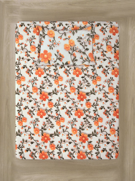Cream Floral 7D Cotton Blend Fitted Single Bedsheet with Pillow Cover