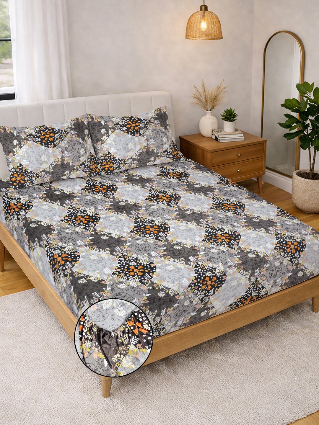 Grey Floral Cotton Blend Fitted Double Bedsheet with 2 Pillow Covers