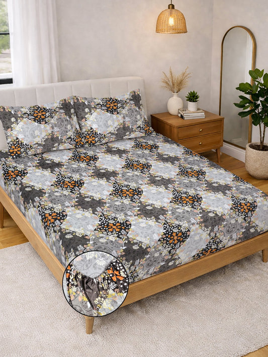 Grey Floral Cotton Blend Fitted Double Bedsheet with 2 Pillow Covers