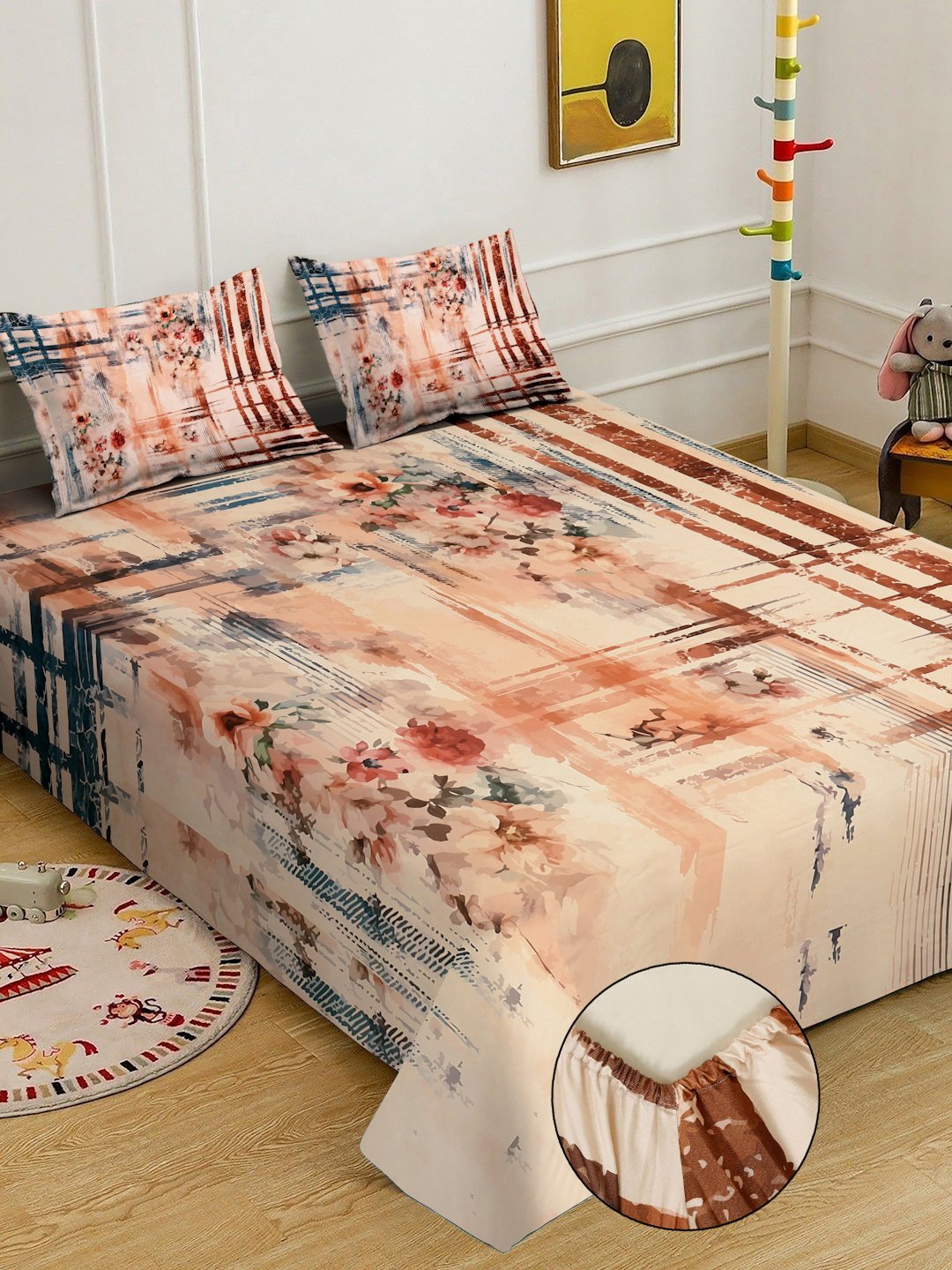 Multi Digital Floral Printed Fitted Cotton Blend Double Bedsheet with 2 Pillow Covers