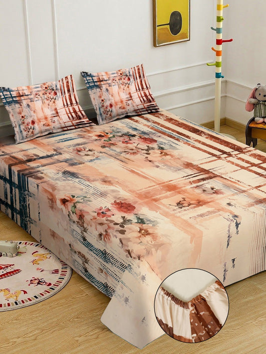 Multi Digital Floral Printed Fitted Cotton Blend Double Bedsheet with 2 Pillow Covers
