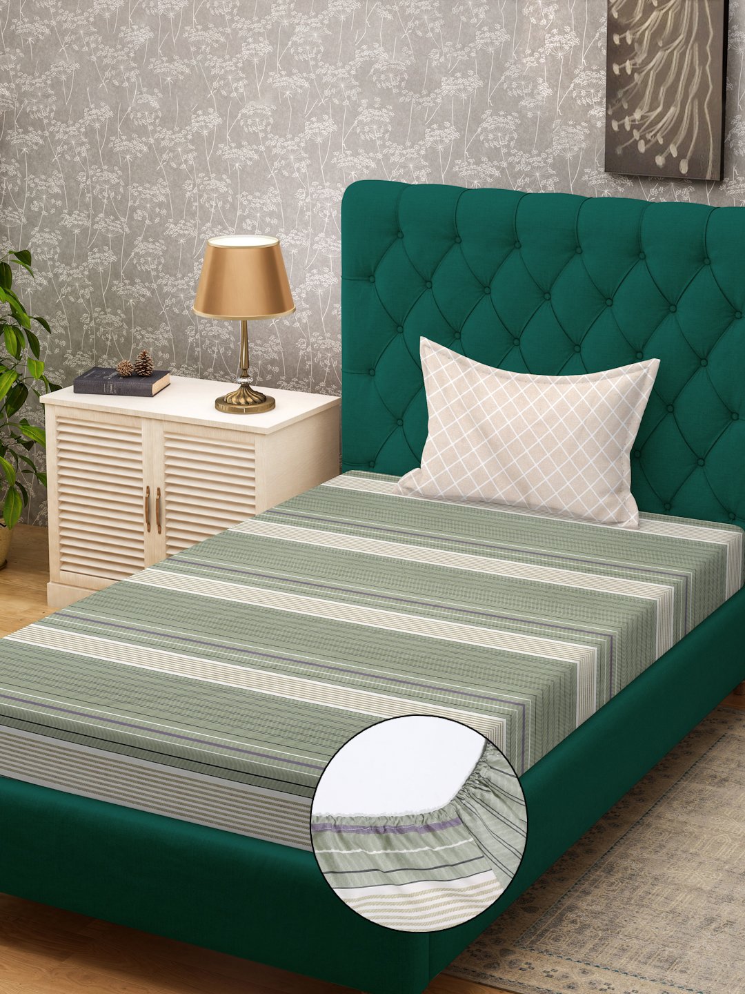 Green Striped 300 TC Cotton Blend Fitted Single Bedsheet with Pillow Cover