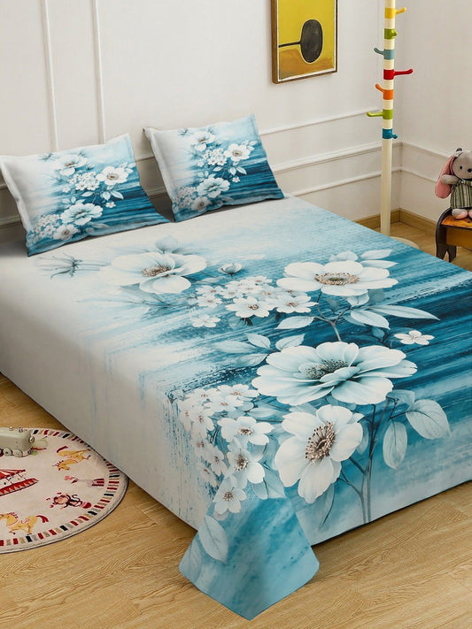 Blue Digital Floral Printed Cotton Blend Double Bedsheet with 2 Pillow Covers