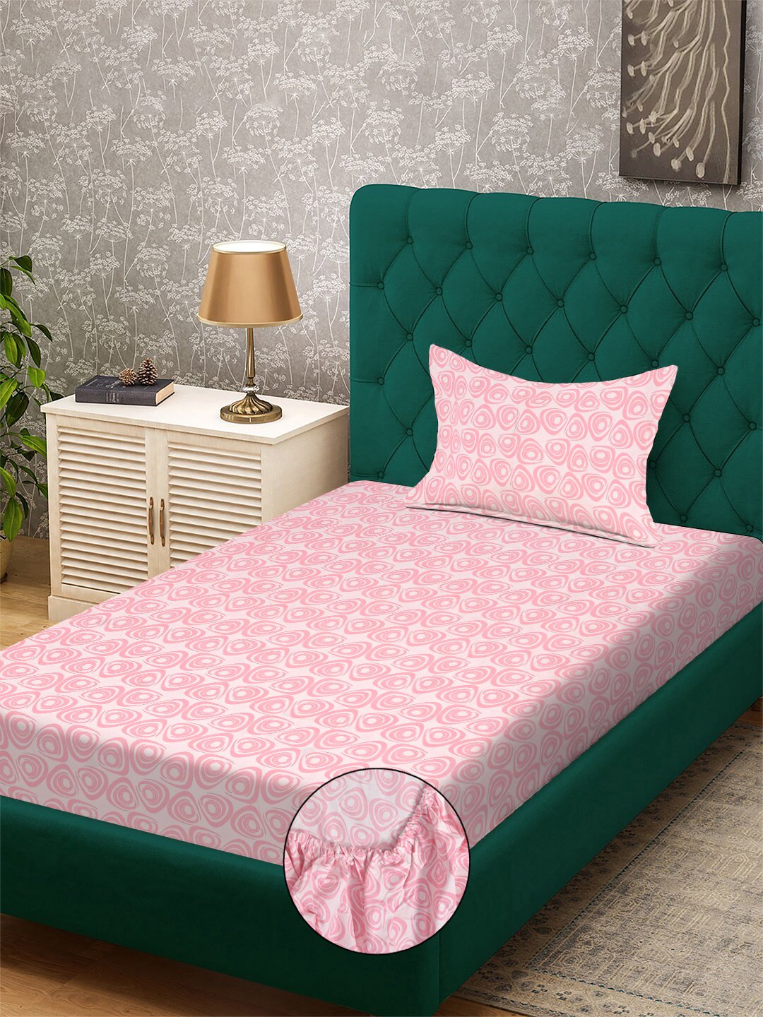 Pink Abstract 300 TC Cotton Blend Fitted Single Bedsheet with Pillow Cover