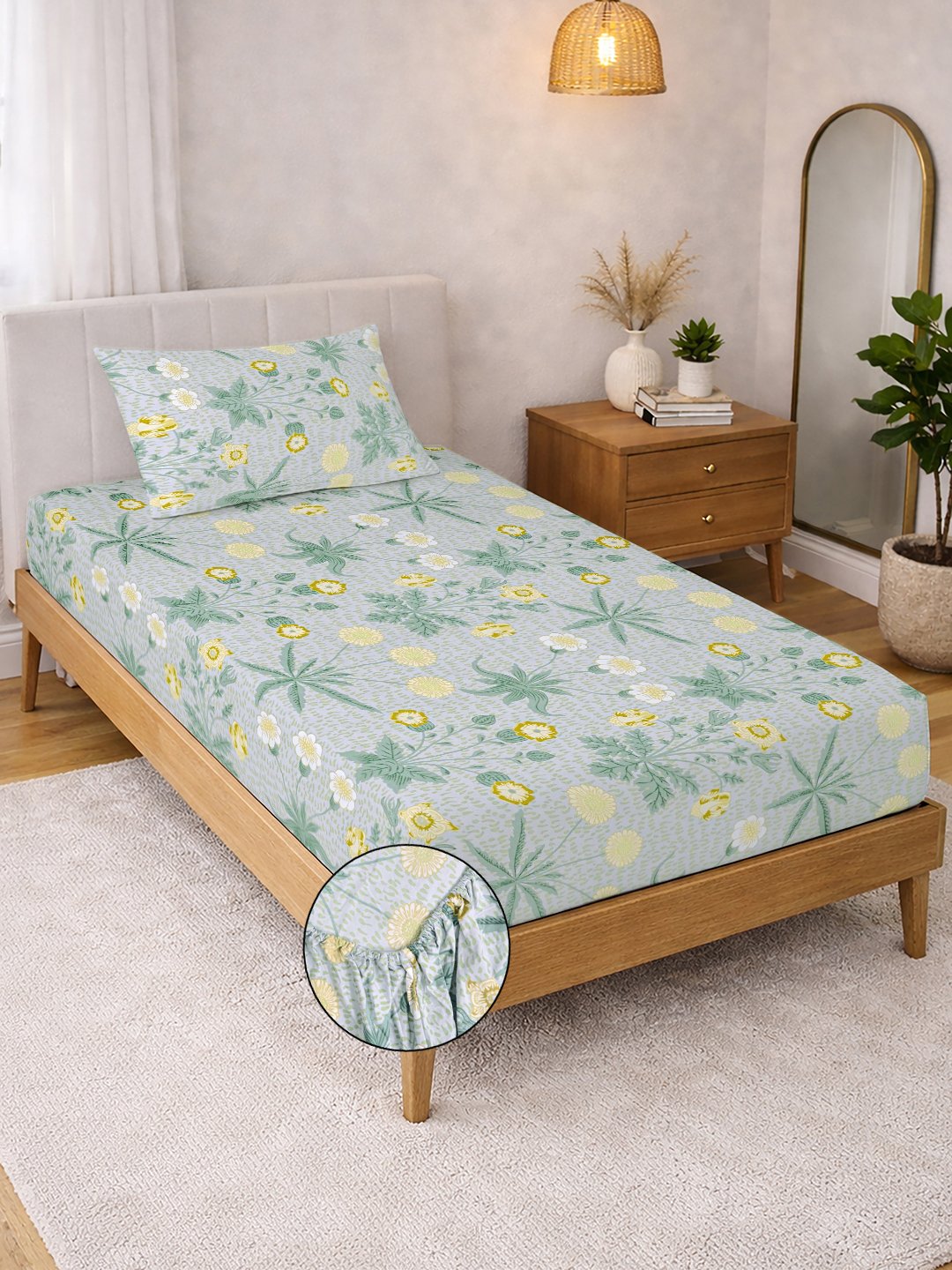 Green Floral Cotton Blend Fitted Single Bedsheet with Pillow Cover