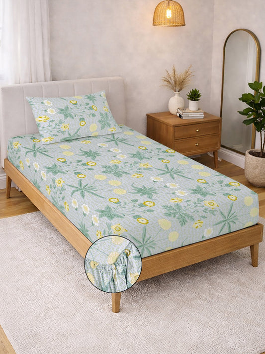 Green Floral Cotton Blend Fitted Single Bedsheet with Pillow Cover