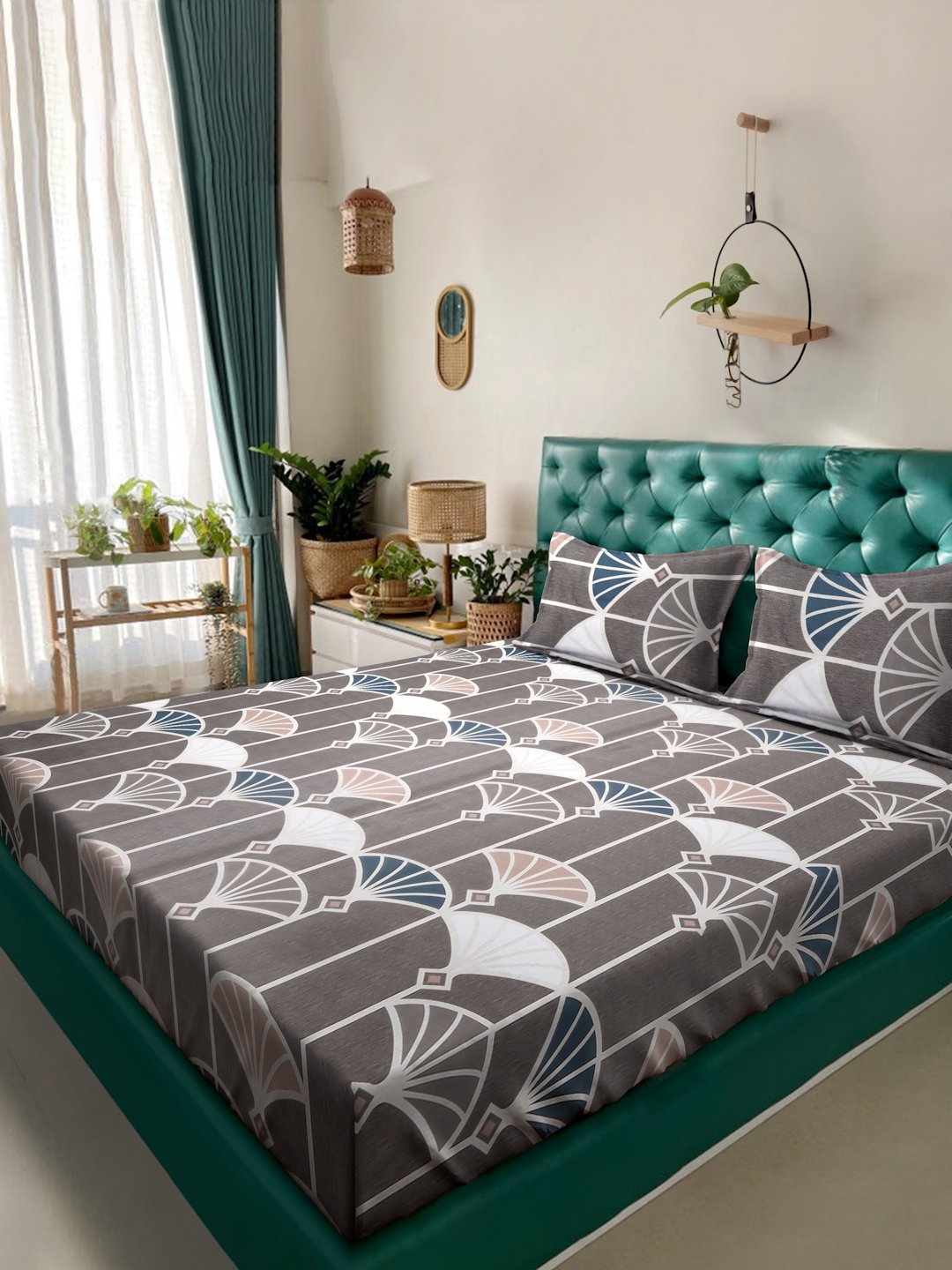 Book Fold Brown Floral 300 TC Cotton Blend Double Bedsheet with 2 Pillow Covers