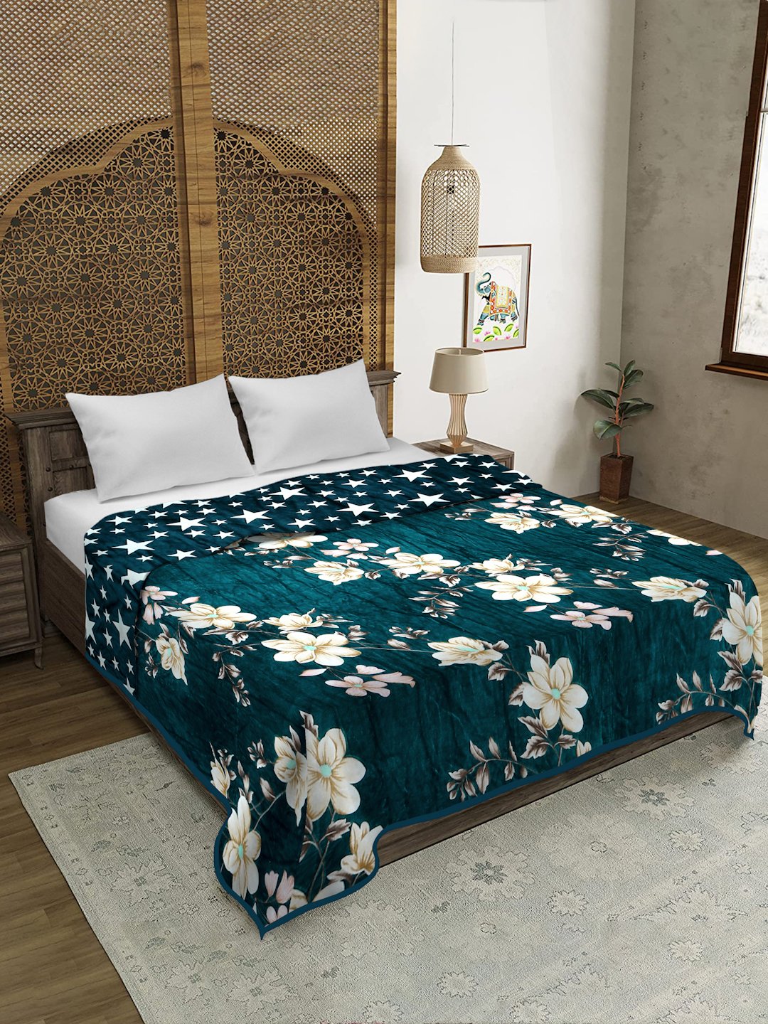 Green Woolen Floral Double Bed Dohar