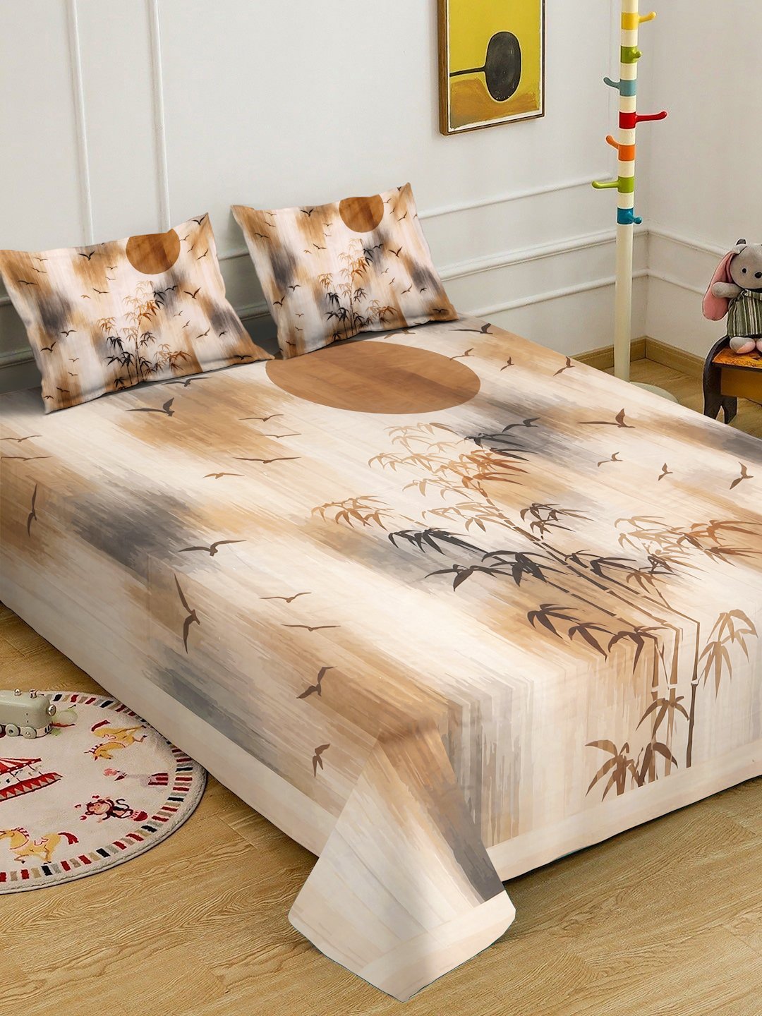 Beige Digital Floral Printed Cotton Blend Double Bedsheet with 2 Pillow Covers