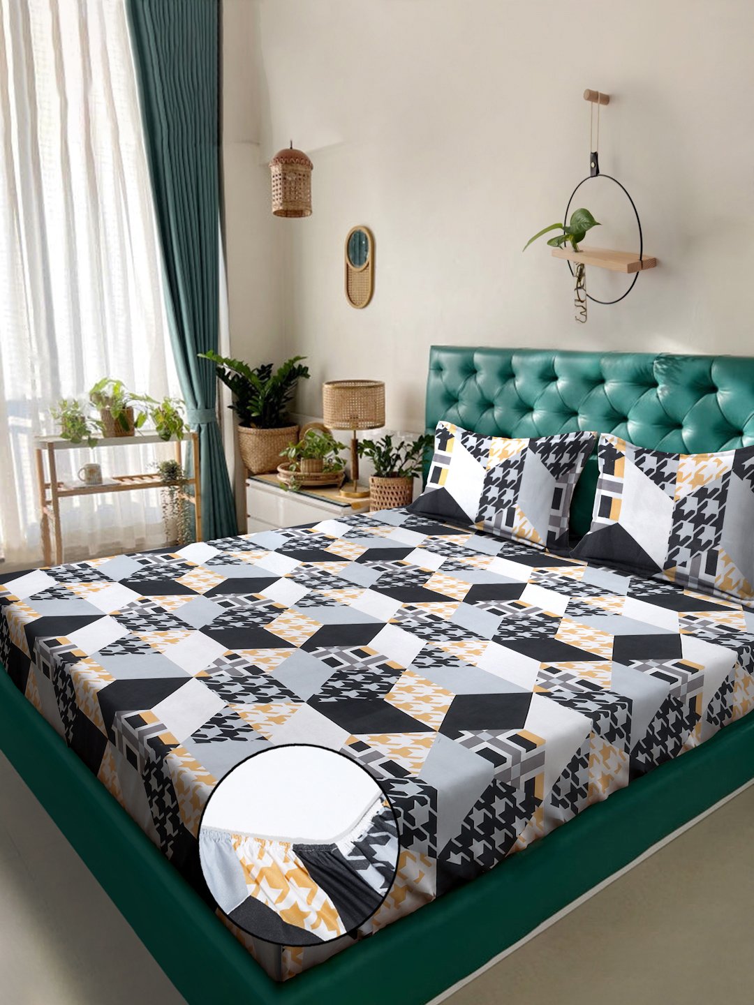 Book Fold Multi Geometric 300 TC Cotton Blend Fitted Double Bedsheet with 2 Pillow Covers