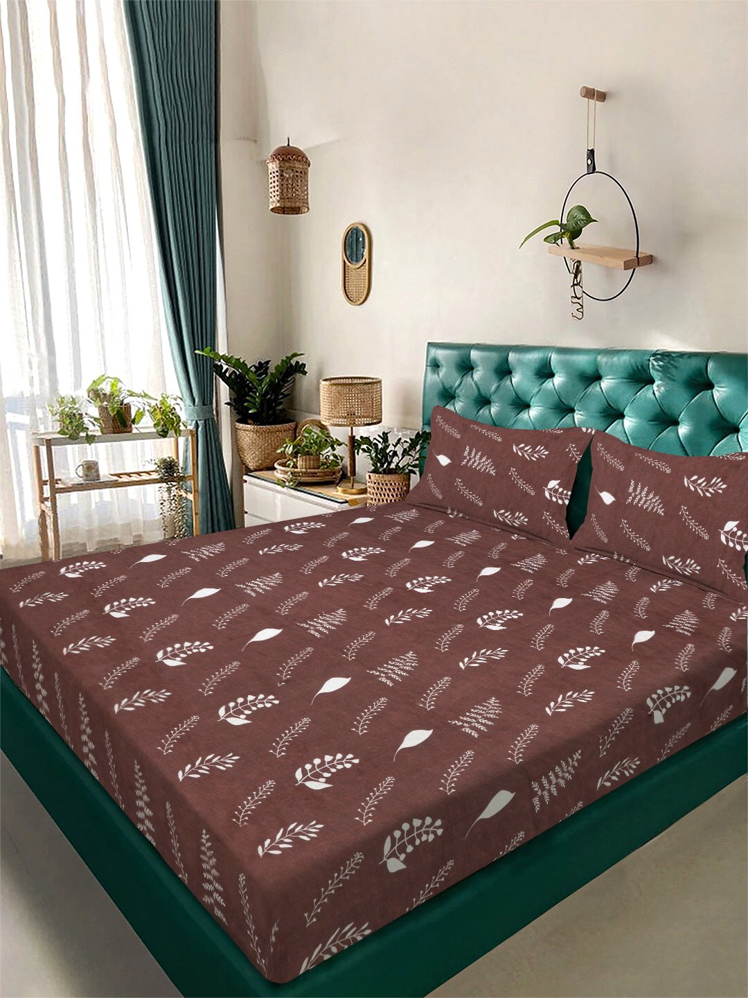 Brown Floral 300 TC Cotton Blend Double Bedsheet with 2 Pillow Covers
