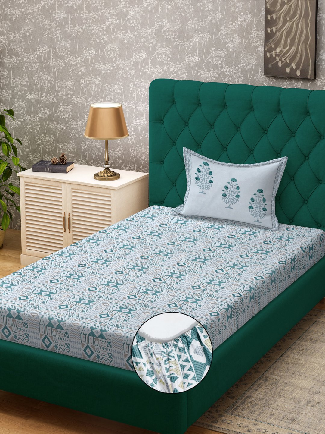 Green Geometric 400 TC Pure Cotton Fitted Single Bedsheet with Pillow Cover