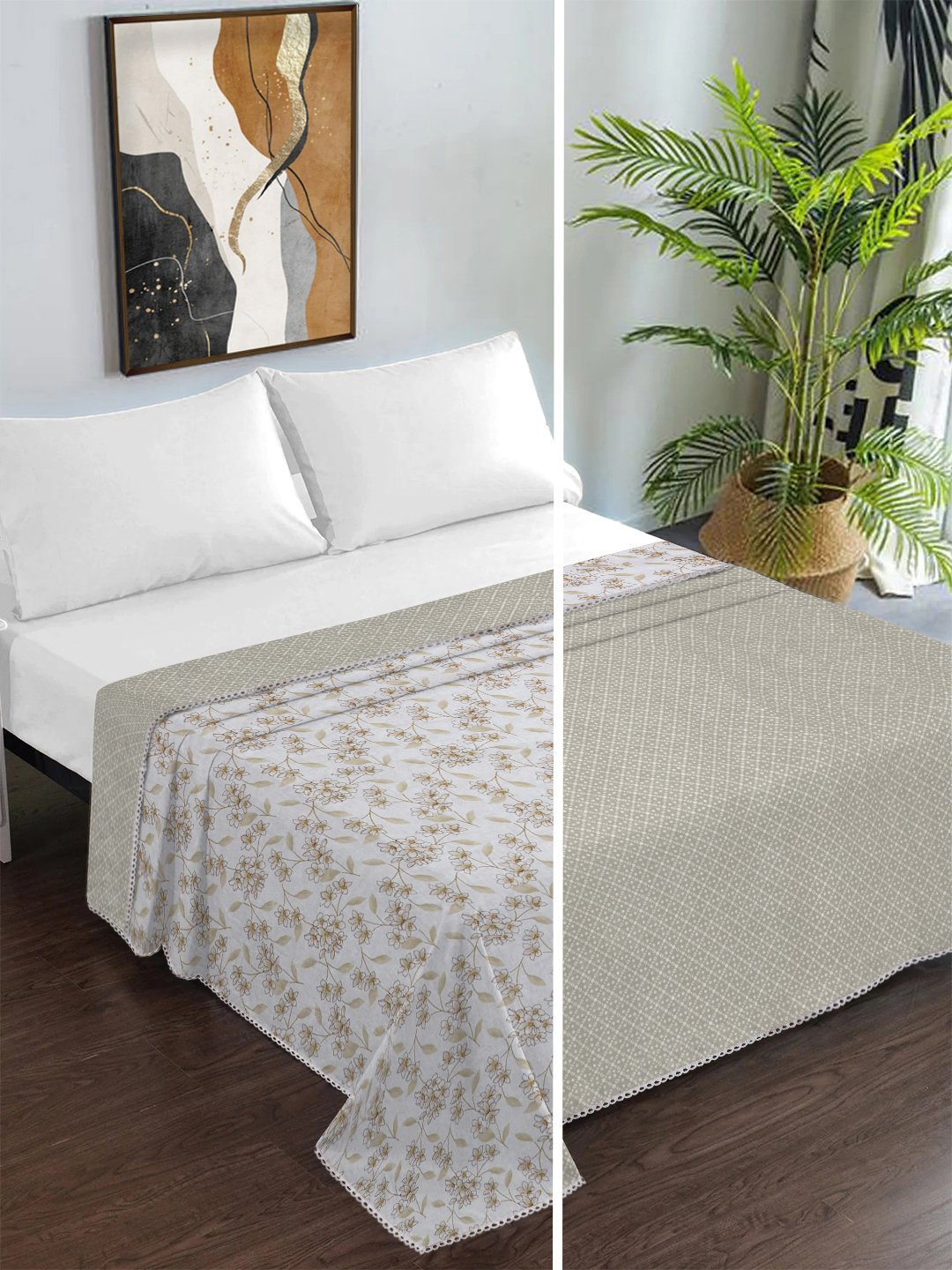 Beige Pure Cotton Floral Double Bed Dohar