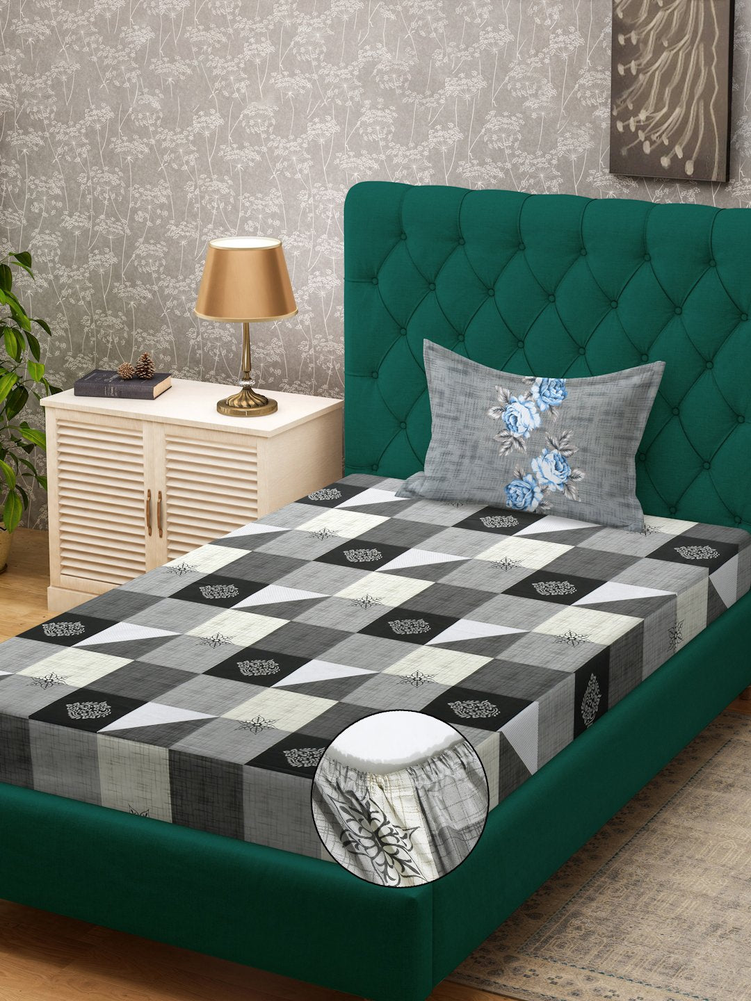 Grey Geometric 400 TC Pure Cotton Fitted Single Bedsheet with Pillow Cover