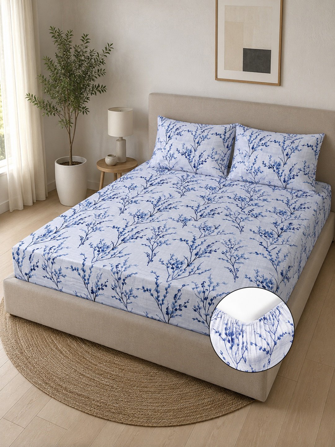 Blue Floral Cotton Blend Fitted Double Bedsheet with 2 Pillow Covers