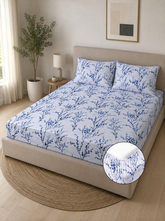 Blue Floral Cotton Blend Fitted Double Bedsheet with 2 Pillow Covers