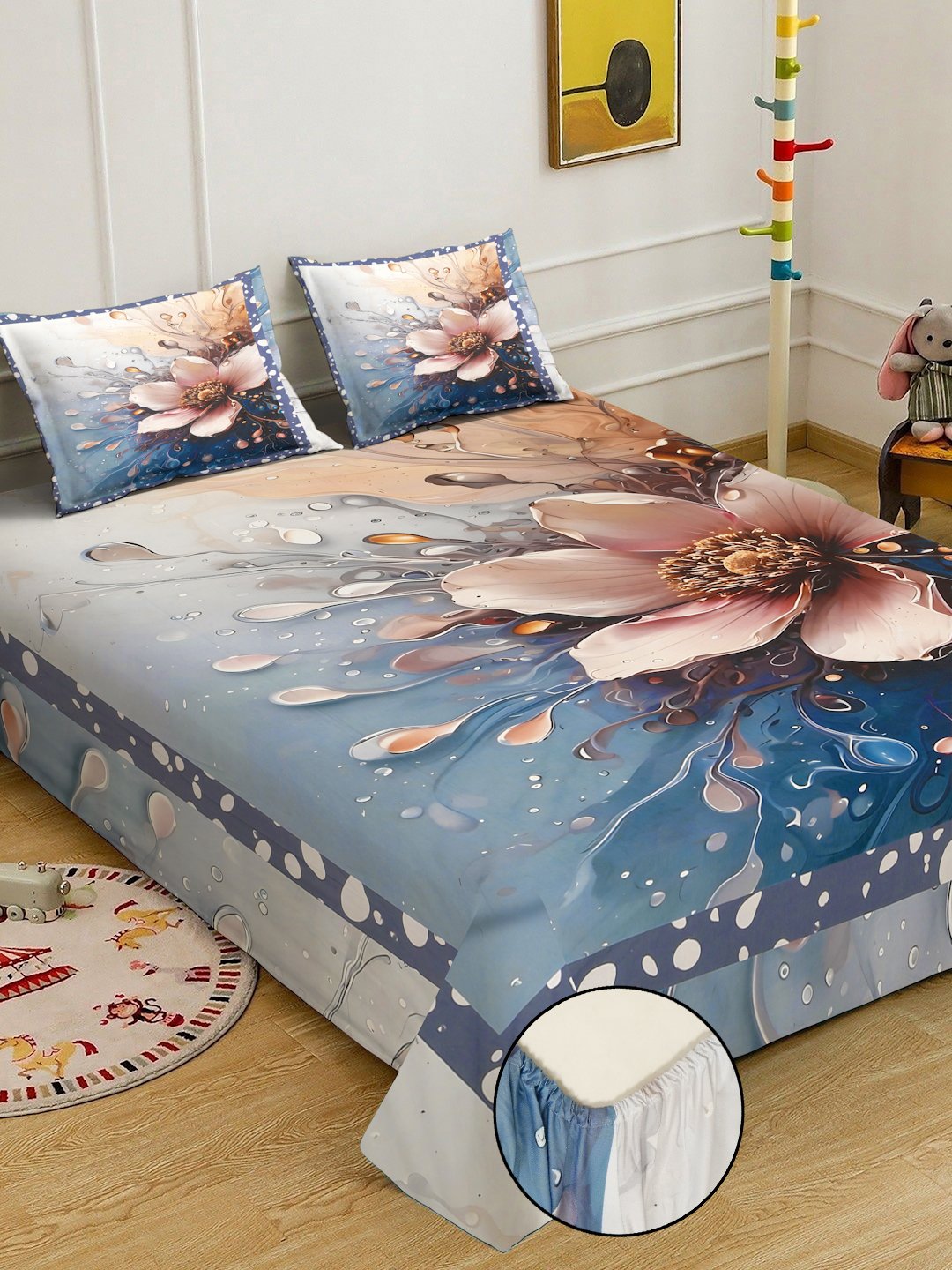 Blue Digital Floral Printed Cotton Blend Fitted Double Bedsheet with 2 Pillow Covers