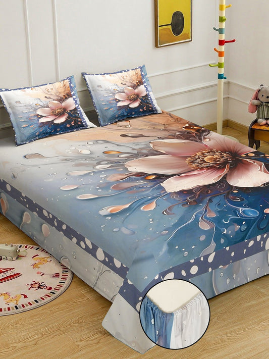 Blue Digital Floral Printed Cotton Blend Fitted Double Bedsheet with 2 Pillow Covers