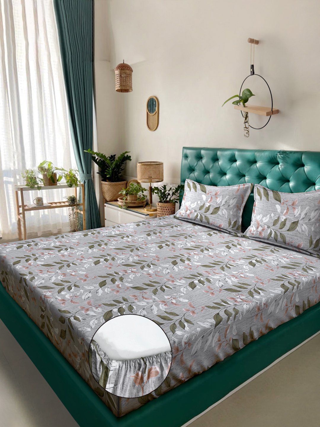 Grey Floral 400 TC Pure Cotton Fitted Double Bedsheet with 2 Pillow Covers