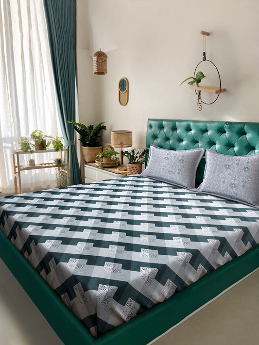 Green Geometric 400 TC Pure Cotton Super King Double Bedsheet with 2 Pillow Covers