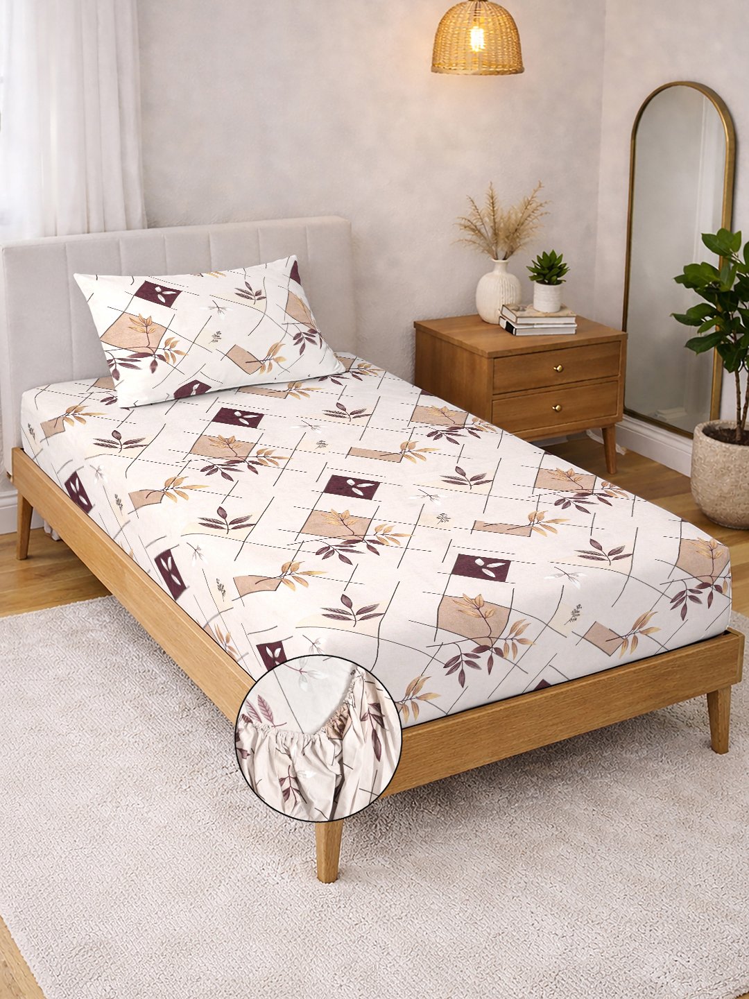 Cream Geometric Cotton Blend Fitted Single Bedsheet with Pillow Cover