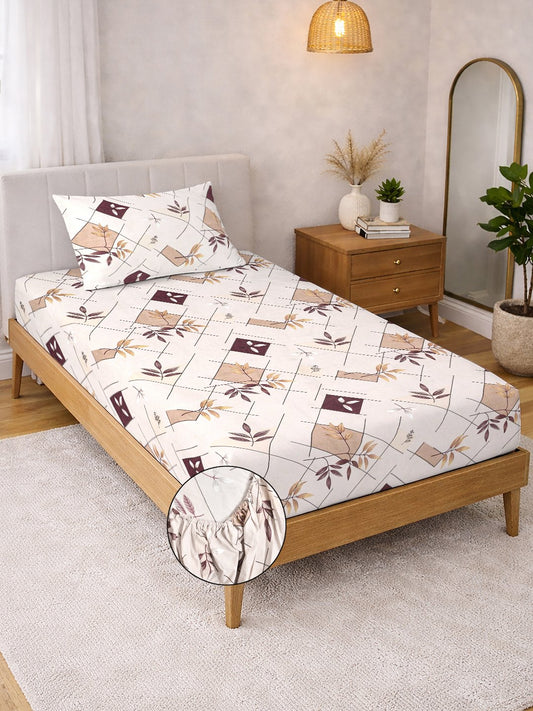 Cream Geometric Cotton Blend Fitted Single Bedsheet with Pillow Cover