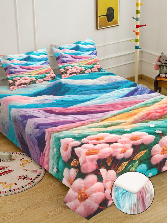 Multi Cartoon Characters 7D King Size Cotton Blend Fitted Double Bedsheet with 2 Pillow Covers