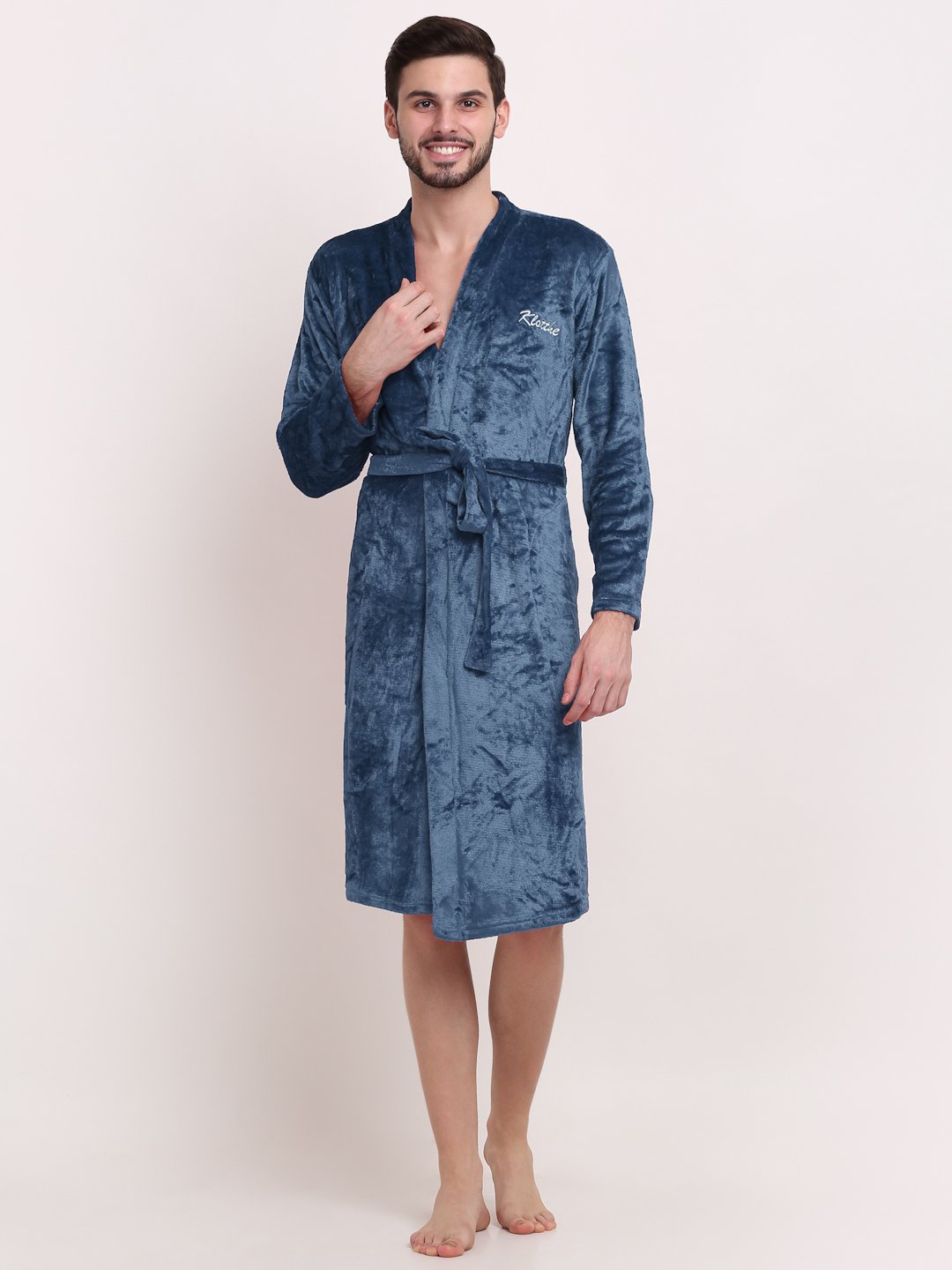 Men Turquoise Solid Wool Bath Robe With Belt