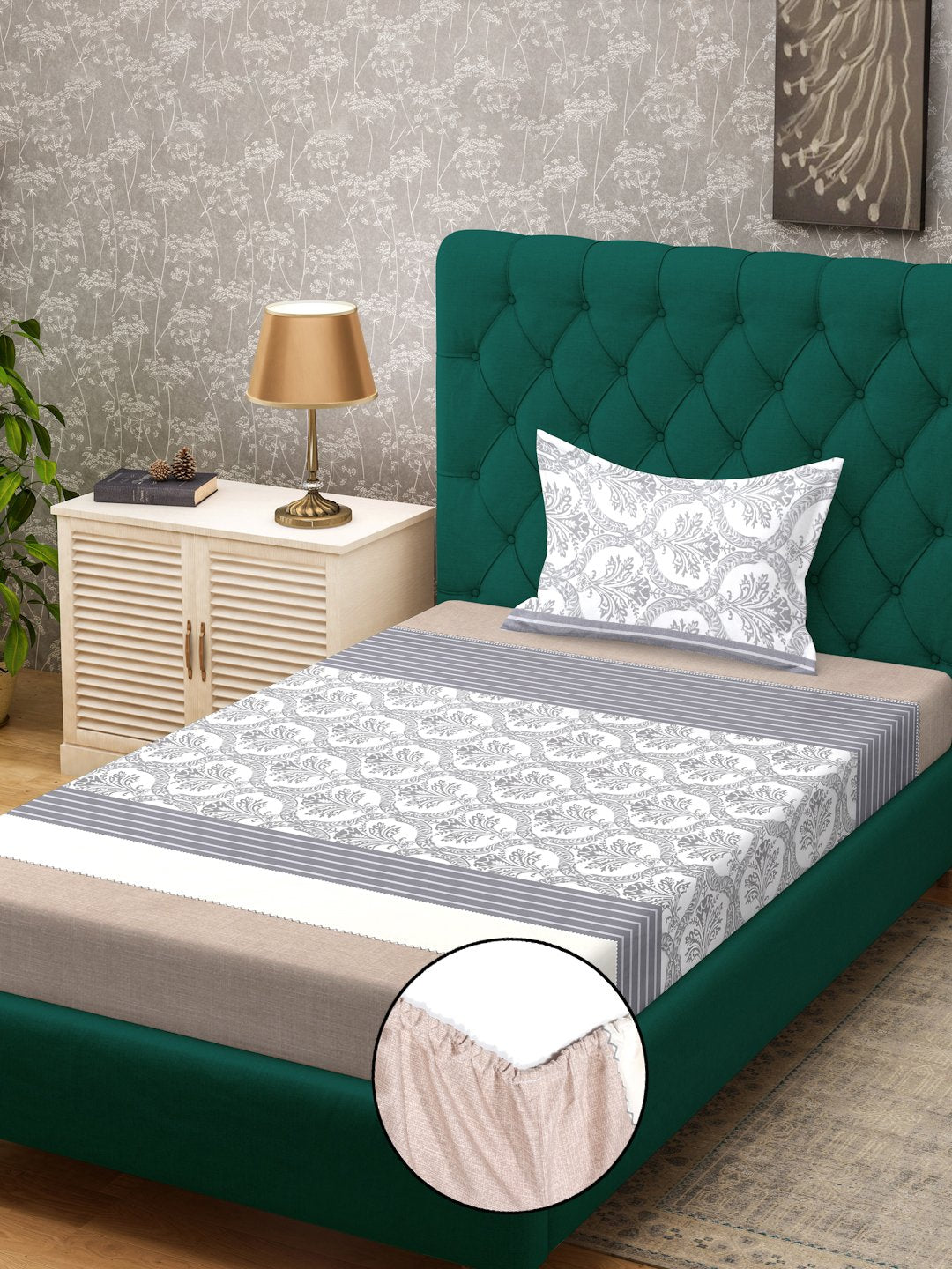 Multi Floral 300 TC Cotton Blend Fitted Single Bedsheet in Book Fold Packing