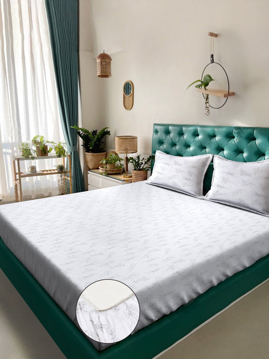 White Floral 400 TC Pure Cotton Super King Double Bedsheet with 2 Pillow Covers