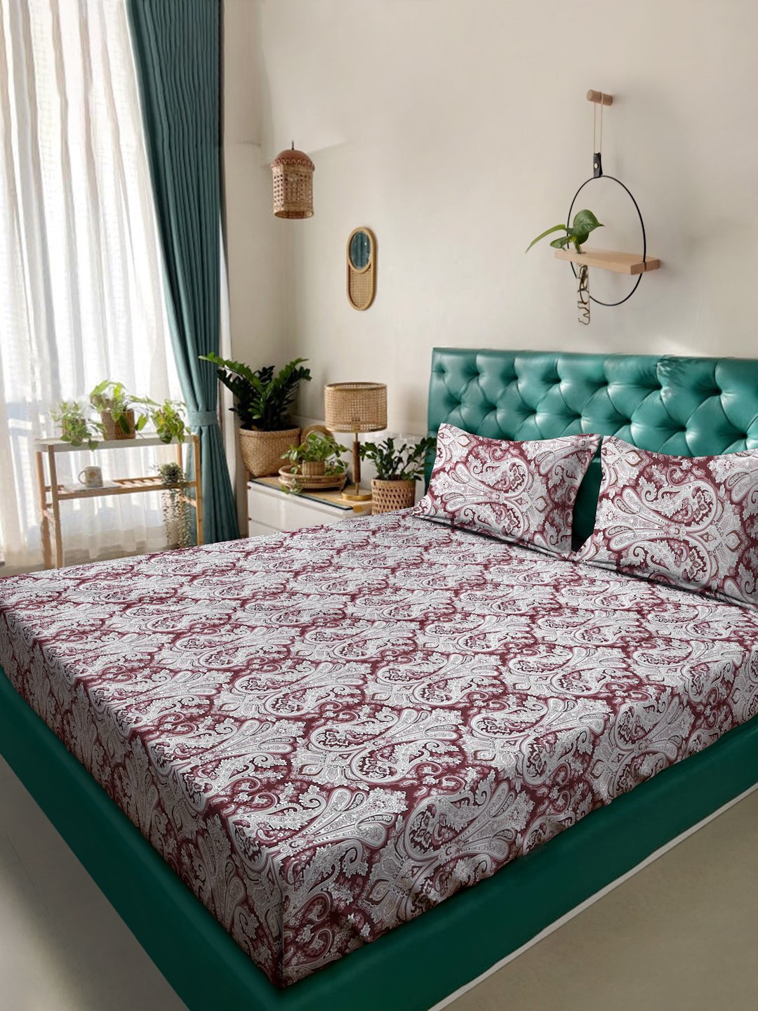 Maroon Floral 400 TC Pure Cotton Double Bedsheet with 2 Pillow Covers