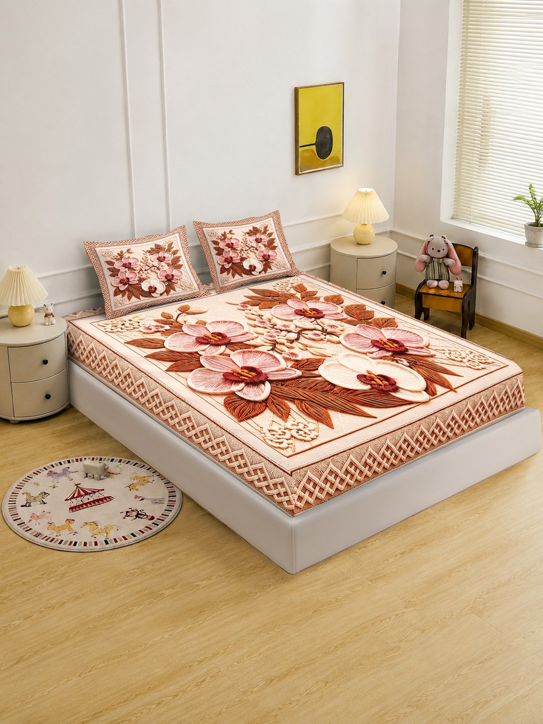 Digital Printed Multi Floral Cotton Blend Double Bedsheet with 2 Pillow Covers