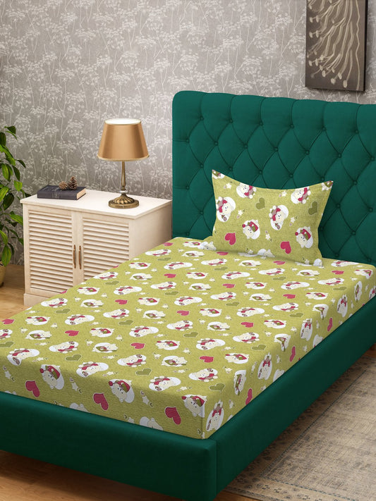 Green Cartoon Characters 400 TC Pure Cotton Single Bedsheet with Pillow Cover