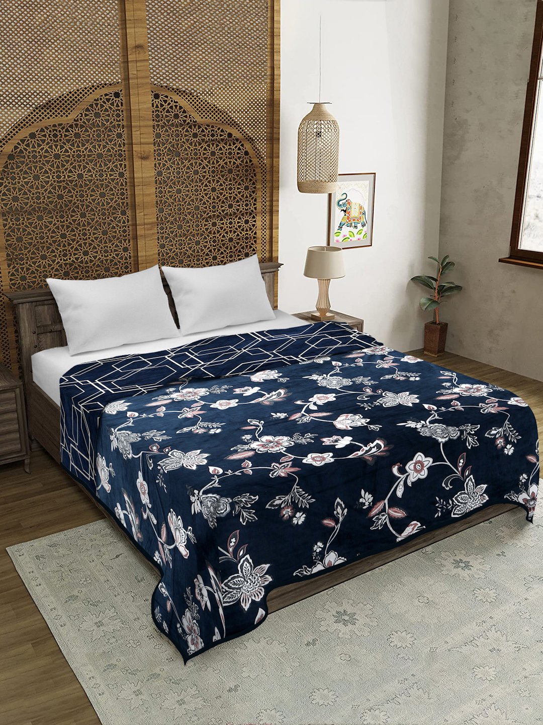 Blue Woolen Floral Double Bed Dohar