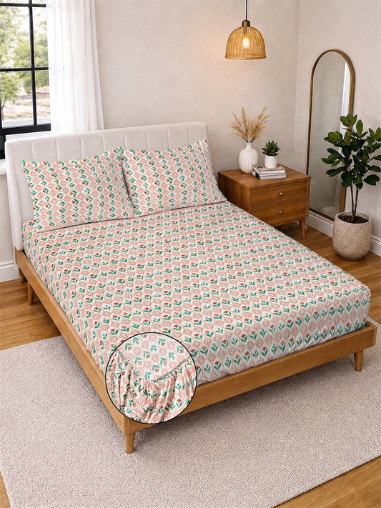 Cream Floral Cotton Blend Fitted Double Bedsheet with 2 Pillow Covers