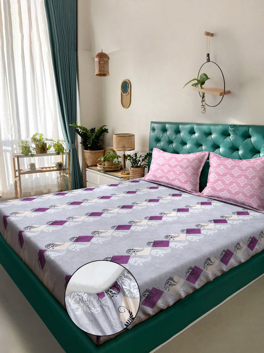 Purple Geometric 400 TC Pure Cotton Fitted Double Bedsheet with 2 Pillow Covers