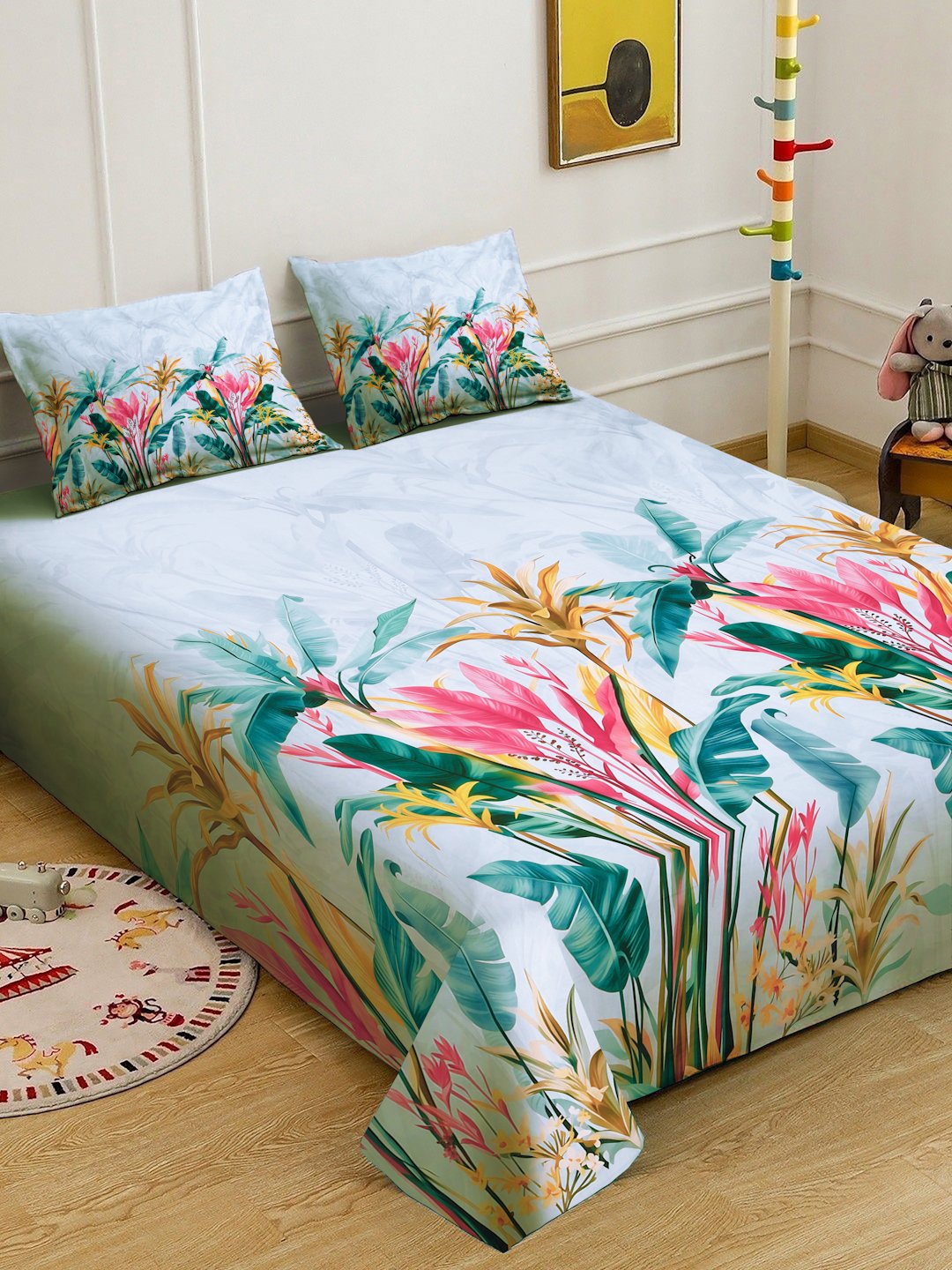 SkyBlue Digital Floral Printed Cotton Blend Double Bedsheet with 2 Pillow Covers