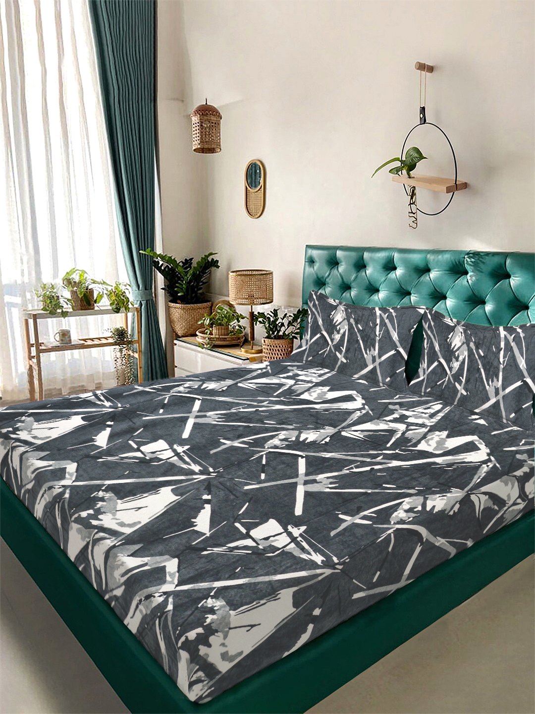 Grey Geometric Woolen Double Bedsheet with 2 Pillow Covers