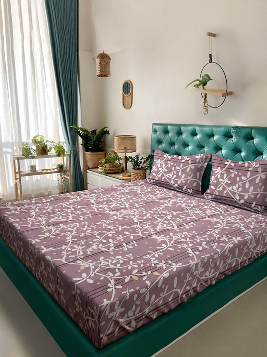 Purple Floral  300 TC Cotton Blend Fitted Double Bedsheet with 2 Pillow Covers
