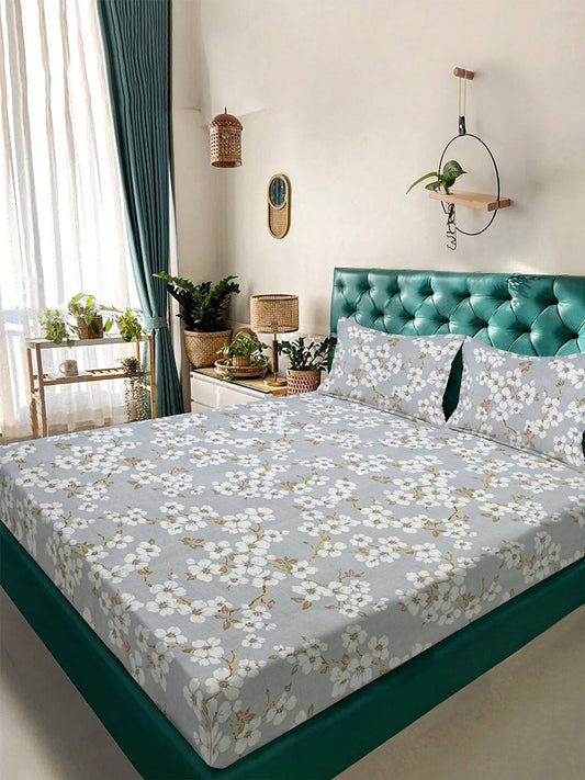 Grey Floral 300 TC Cotton Blend Double Bedsheet with 2 Pillow Covers